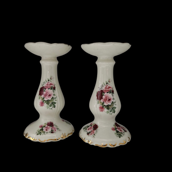 Formalities by Baum Bros Rose Floral Candlestick Holders Pair Gold Trim - Picture 1 of 6
